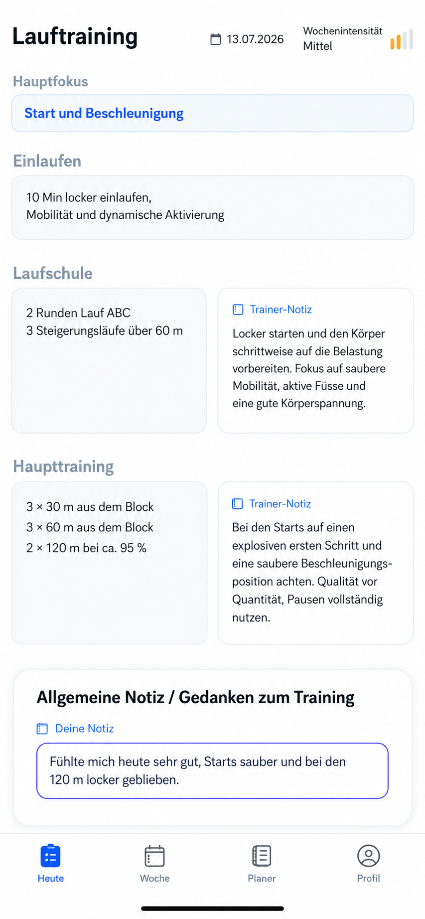 Noteletics Lauftraining mit Trainingsinhalt, Trainernotizen und Athletenfeedback